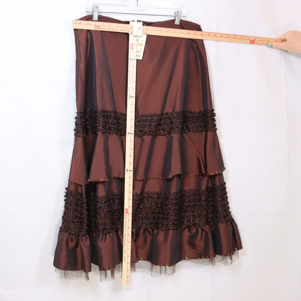 ALXIN Tiered Ruffle Skirt XL Brown‎ Womens Taffeta Sequin Formal